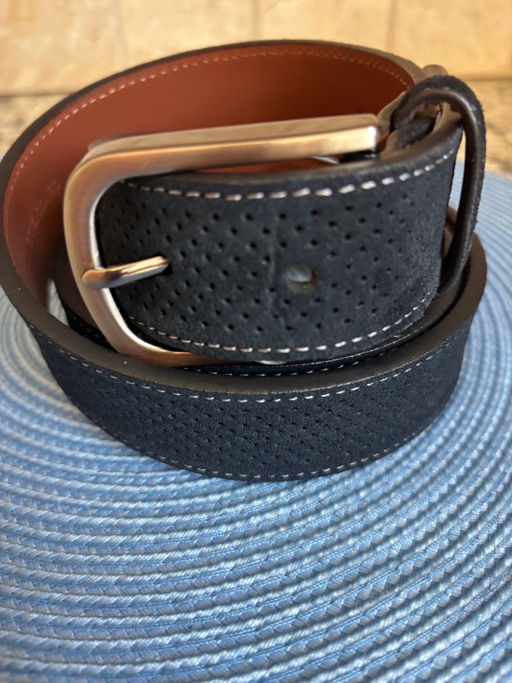 Johnston And Murphy Perfed Navy Blue Leather Suede Belt with Silver Buckle